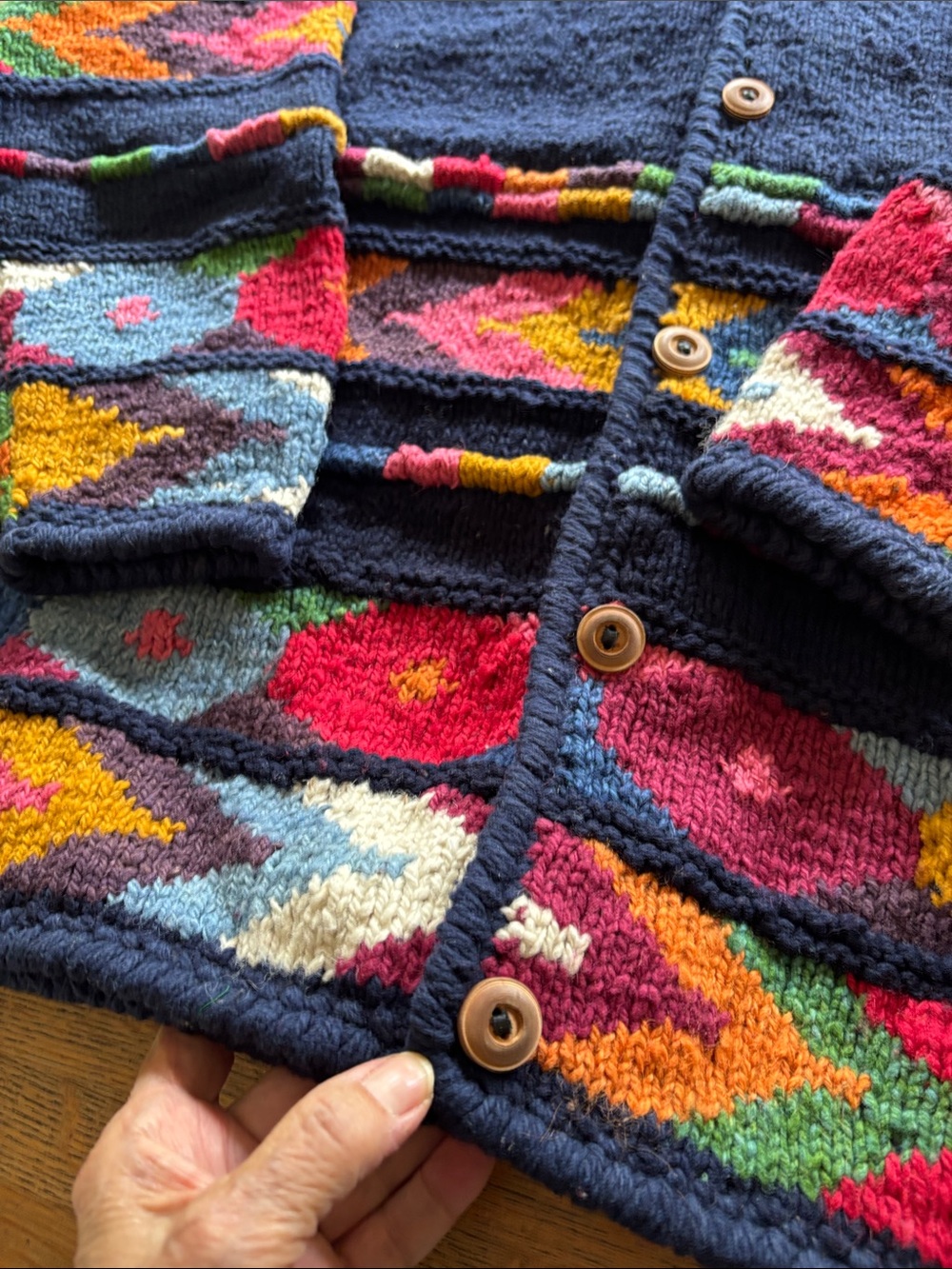 VTG Express Tricot HandKnit Wool Cardigan Sweater Chunky Colorful Geometric Boho - Picture 7 of 16